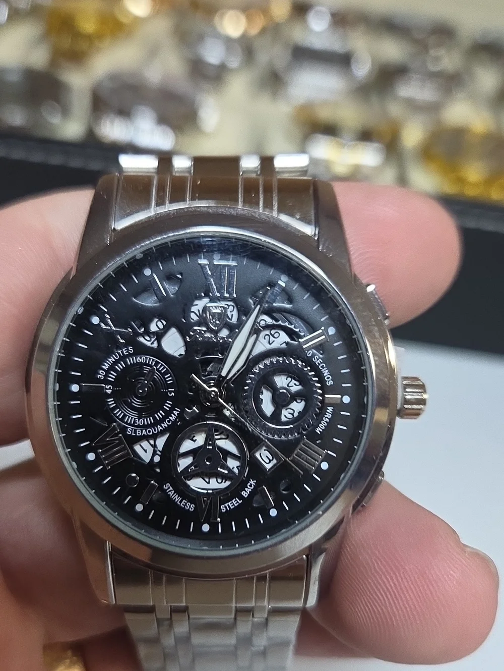 Men's Black Dial Stainless Steel Watch - Classic Mechanical Style
